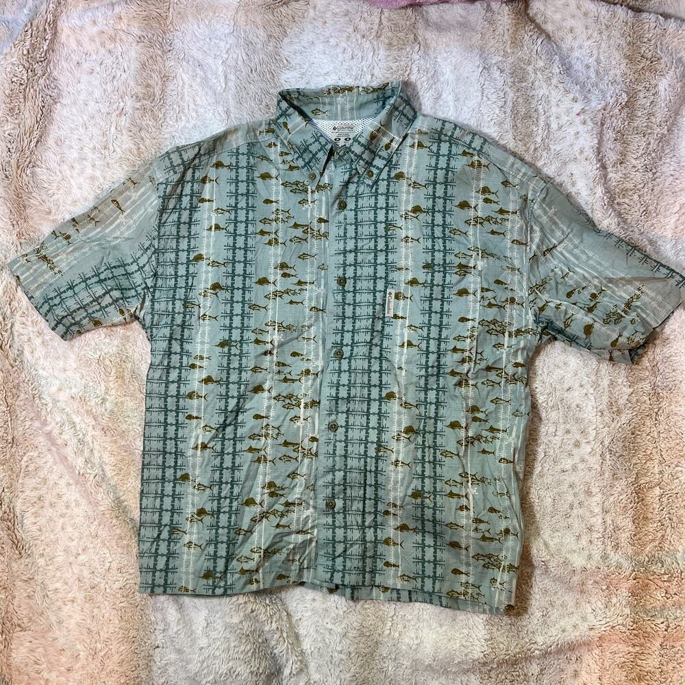 Columbia PFG Shirt Fishing Vented Tuna Button Down Men's Medium Blue Pattern